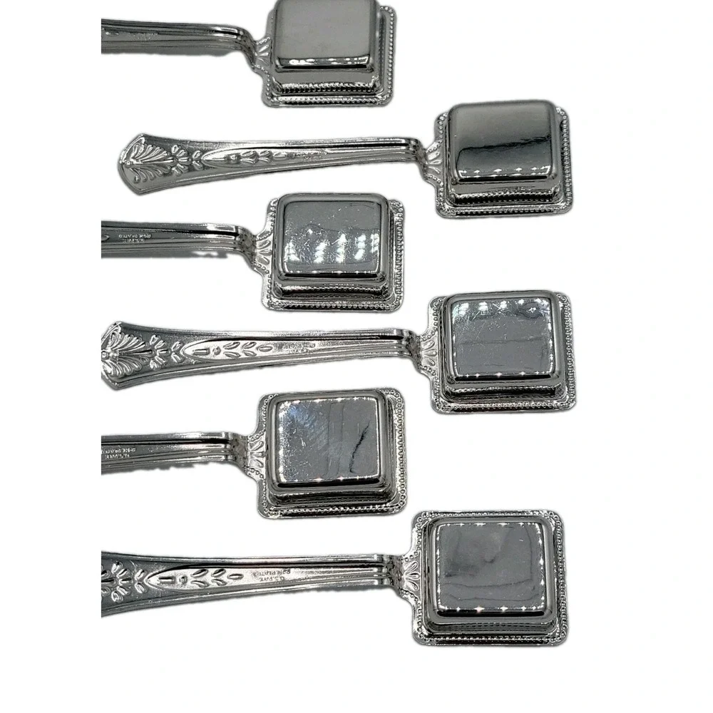 6 Vintage 24K Silverplate Salt Cellar Spoons Rectangular Beaded Bowl Ornate